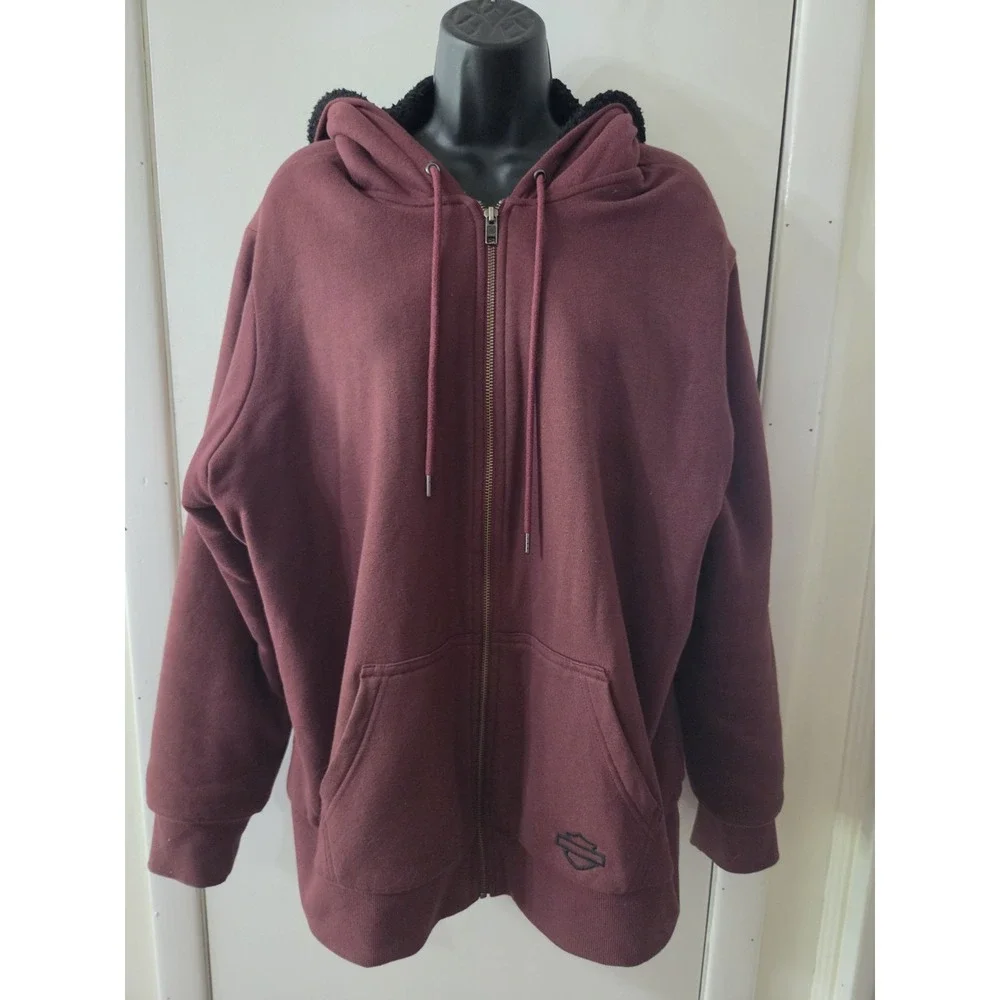 Womans Harley Davidson Full Zip Fleece Thick Maroon Hoodie Jacket XL